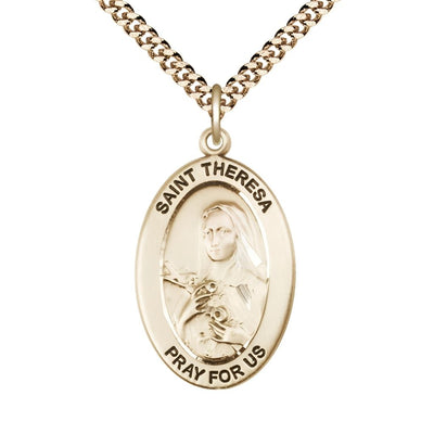 St. Theresa 14kt Gold-filled Oval Necklace with 24 inch Gold-Plated Chain, Medal Measures 1-inch tall by 5/8-inch wide, Bliss Manufacturing