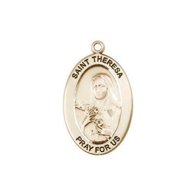 St. Theresa 14kt Gold Oval Pendant, Medal Measures 1-inch tall by 5/8-inch wide, Bliss Manufacturing
