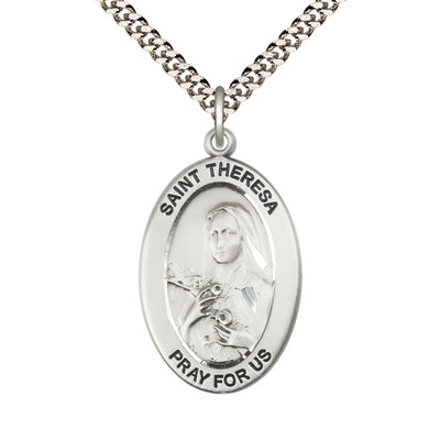 St. Theresa Pewter Oval Necklace with 24 inch Rhodium-Plated Chain, Medal Measures 1-inch tall by 5/8-inch wide, Bliss Manufacturing