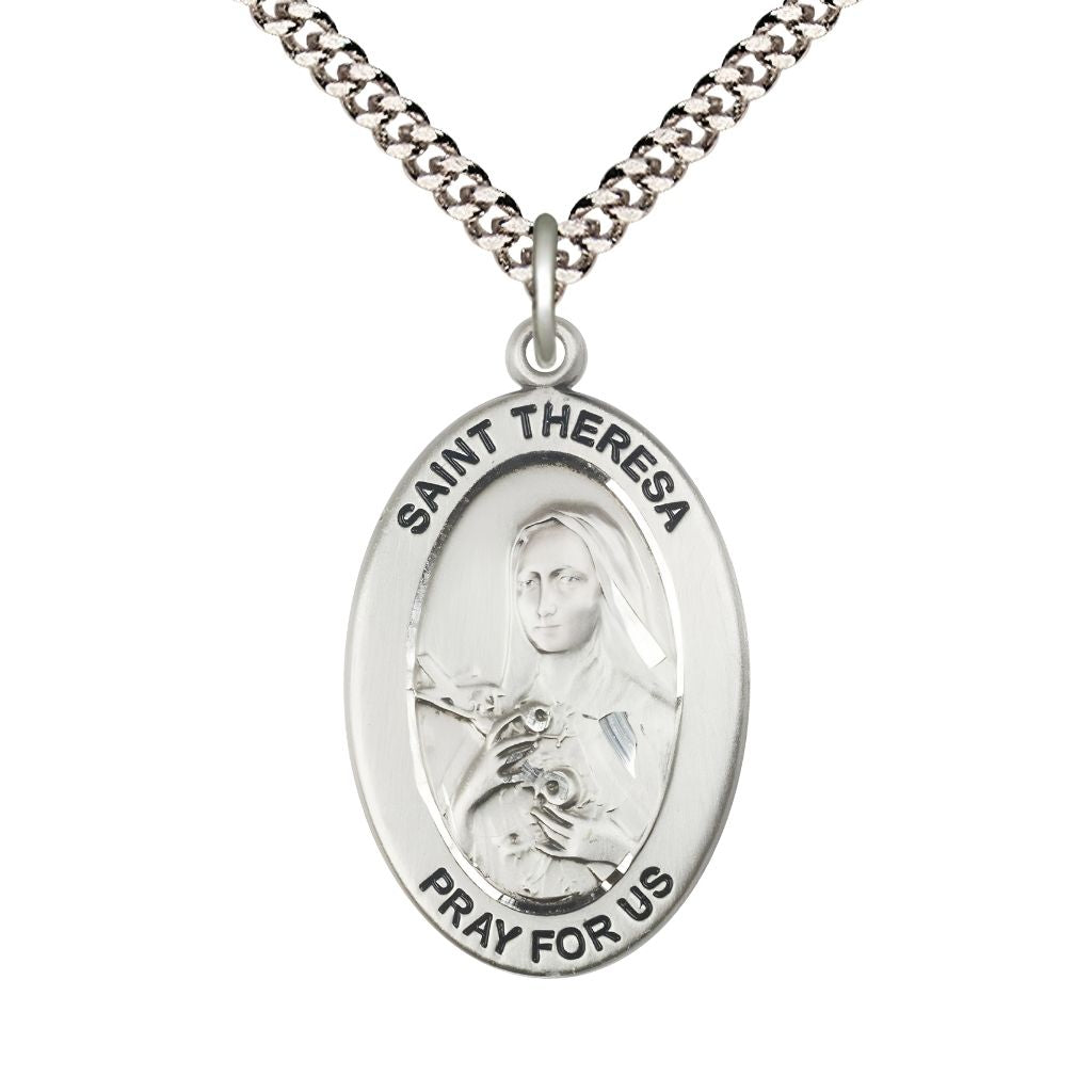 Bliss St. Theresa Sterling Silver Oval Necklace with 24 inch Rhodium-Plated Chain, Medal Measures 1-inch tall by 5/8-inch wide.