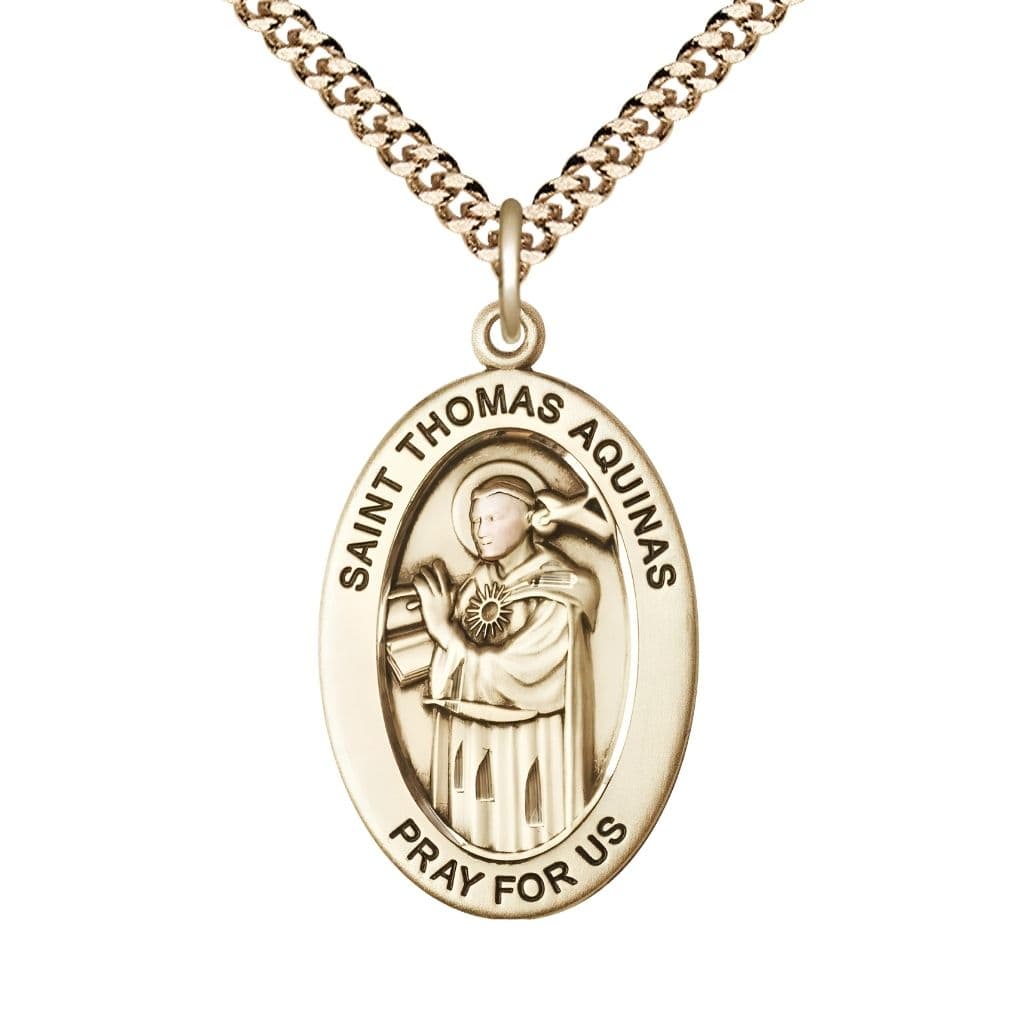 Bliss St. Thomas Aquinas 14kt Gold-filled Oval Necklace with 24 inch Gold-Plated Chain, Medal Measures 1-inch tall by 5/8-inch wide.