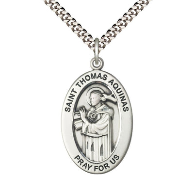 St. Thomas Aquinas Pewter Oval Necklace with 24 inch Rhodium-Plated Chain, Medal Measures 1-inch tall by 5/8-inch wide, Bliss Manufacturing