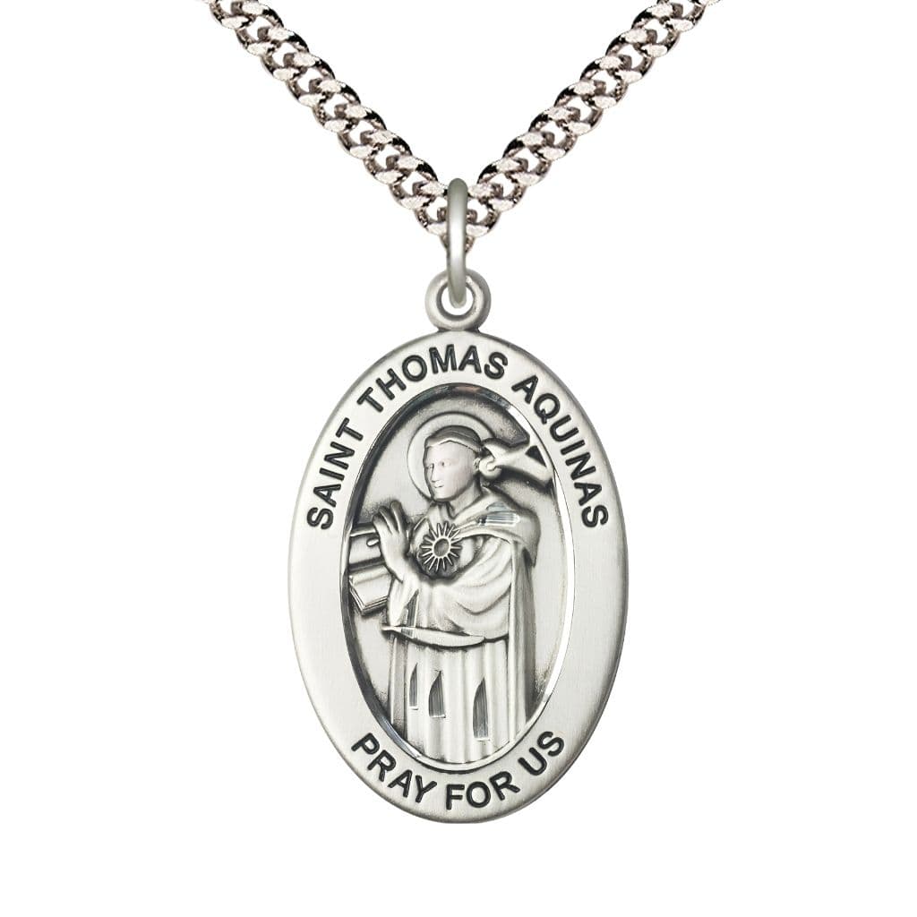 Bliss St. Thomas Aquinas Sterling Silver Oval Necklace with 24 inch Rhodium-Plated Chain, Medal Measures 1-inch tall by 5/8-inch wide.