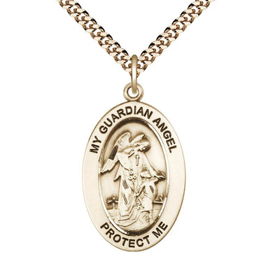 Guardian Angel & Child 14kt Gold-filled Oval Necklace with 24 inch Gold-Plated Chain, Medal Measures 1-inch tall by 5/8-inch wide, Bliss Manufacturing