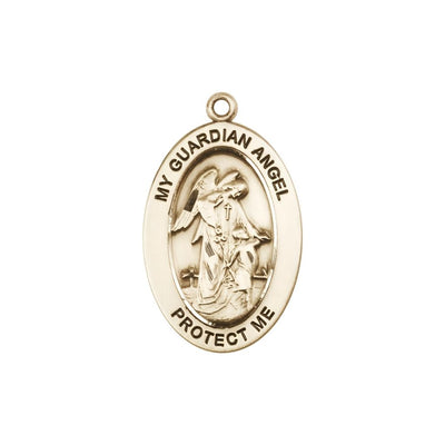 Guardian Angel & Child 14kt Gold Oval Pendant, Medal Measures 1-inch tall by 5/8-inch wide, Bliss Manufacturing