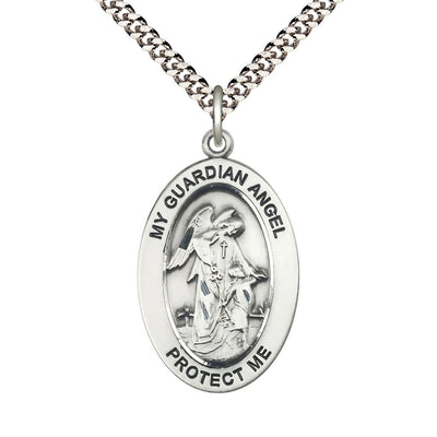 Guardian Angel & Child Sterling Silver Oval Necklace with 24 inch Rhodium-Plated Chain, Medal Measures 1-inch tall by 5/8-inch wide, Bliss Manufacturing