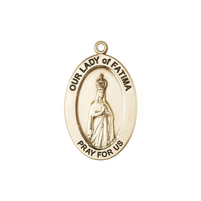 Our Lady of Fatima 14kt Gold Oval Pendant, Medal Measures 1-inch tall by 5/8-inch wide, Bliss Manufacturing
