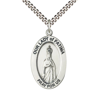 Our Lady of Fatima Pewter Oval Necklace with 24 inch Rhodium-Plated Chain, Medal Measures 1-inch tall by 5/8-inch wide, Bliss Manufacturing