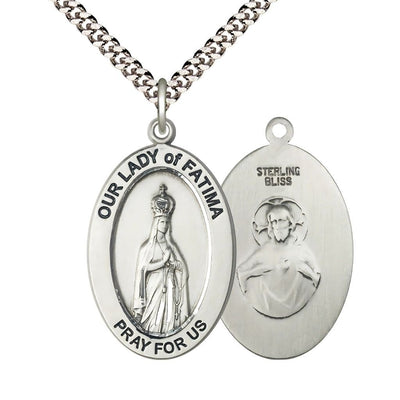 Our Lady of Fatima Sterling Silver Oval Necklace with 24 inch Rhodium-Plated Chain, Medal Measures 1-inch tall by 5/8-inch wide, Bliss Manufacturing