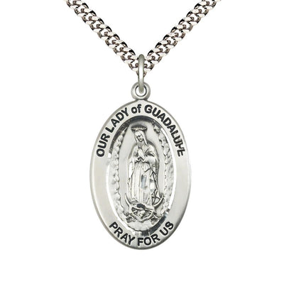 Our Lady of Guadalupe Pewter Oval Necklace with 24 inch Rhodium-Plated Chain, Medal Measures 1-inch tall by 5/8-inch wide, Bliss Manufacturing
