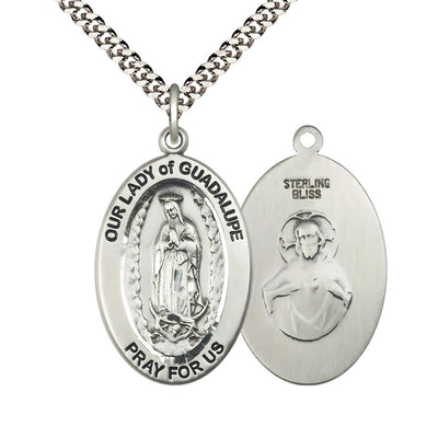 Our Lady of Guadalupe Sterling Silver Oval Necklace with 24 inch Rhodium-Plated Chain, Medal Measures 1-inch tall by 5/8-inch wide, Bliss Manufacturing
