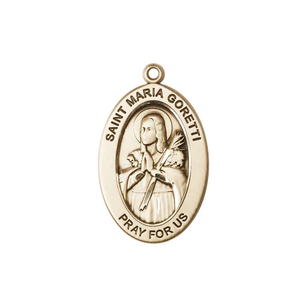 Bliss St. Maria Gorett 14kt Gold Oval Pendant, Medal Measures 1-inch tall by 5/8-inch wide.