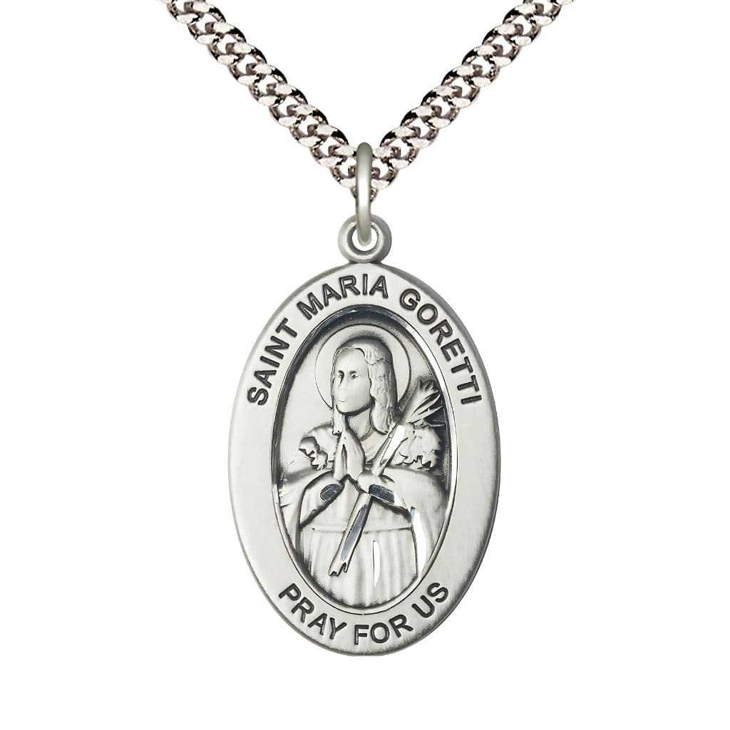 Bliss St. Maria Gorett Sterling Silver Oval Necklace with 24 inch Rhodium-Plated Chain, Medal Measures 1-inch tall by 5/8-inch wide.