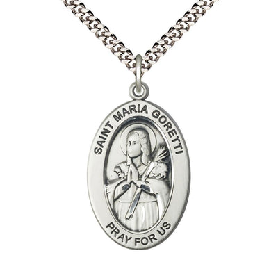 St. Maria Gorett Sterling Silver Oval Necklace with 24 inch Rhodium-Plated Chain, Medal Measures 1-inch tall by 5/8-inch wide, Bliss Manufacturing