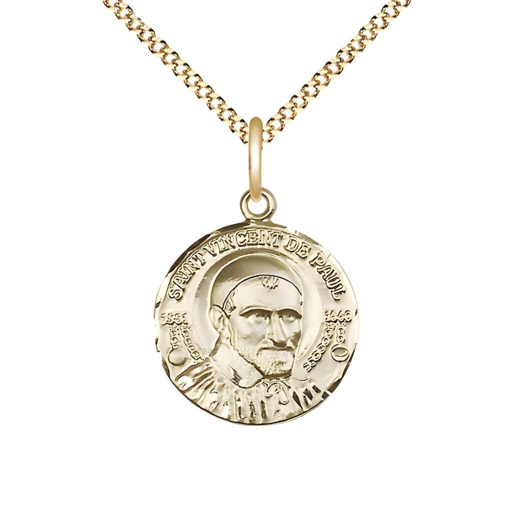 Bliss St. Vincent de Paul 14kt Gold-filled Round Medal Pendant with Gold-plated Chain, Measures 3/4-inch tall by 5/8-inch wide.
