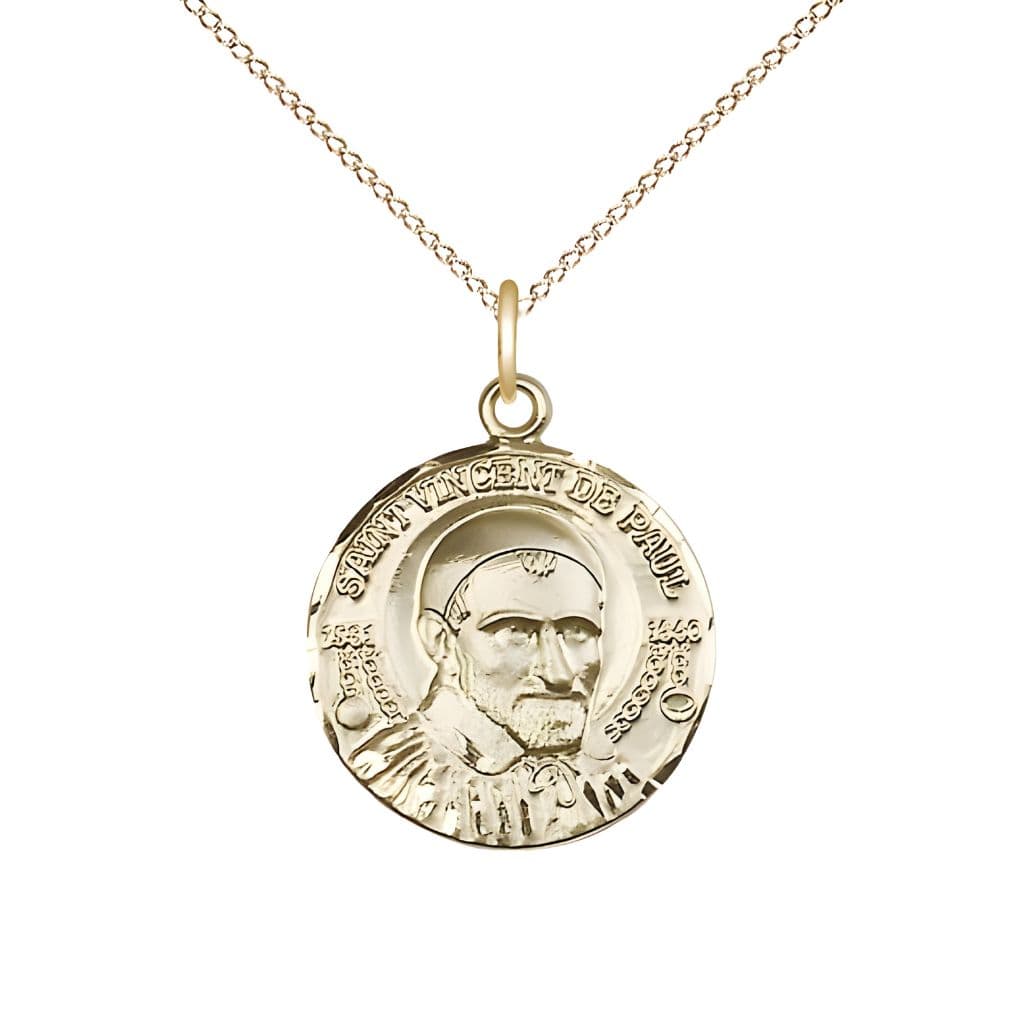 Bliss St. Vincent de Paul 14kt Gold-filled Round Medal Pendant with Gold-filled Chain, Measures 3/4-inch tall by 5/8-inch wide.