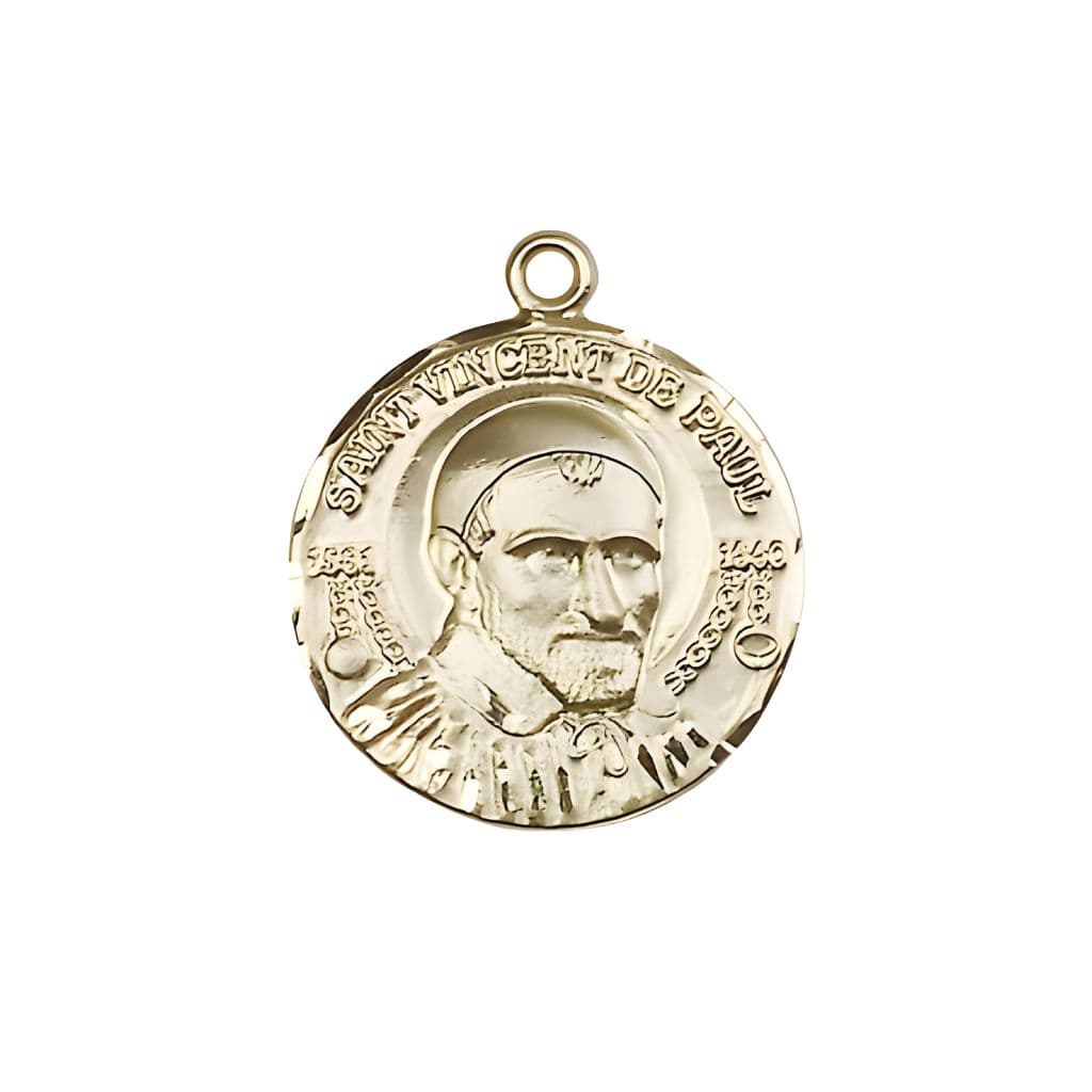 Bliss St. Vincent de Paul 14kt Gold Round Medal Pendant, Measures 3/4-inch tall by 5/8-inch wide.