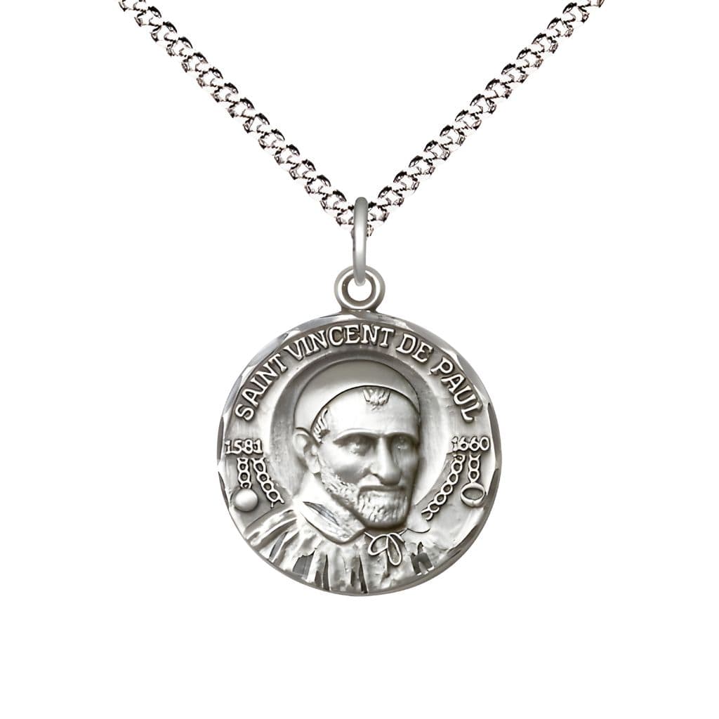 Bliss St. Vincent de Paul Sterling Silver Round Medal Pendant with Rhodium-plated Chain, Measures 3/4-inch tall by 5/8-inch wide.