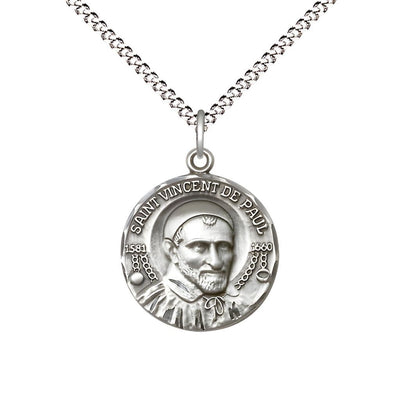 St. Vincent de Paul Sterling Silver Round Medal Pendant with Rhodium-plated Chain, Measures 3/4-inch tall by 5/8-inch wide, Bliss Manufacturing