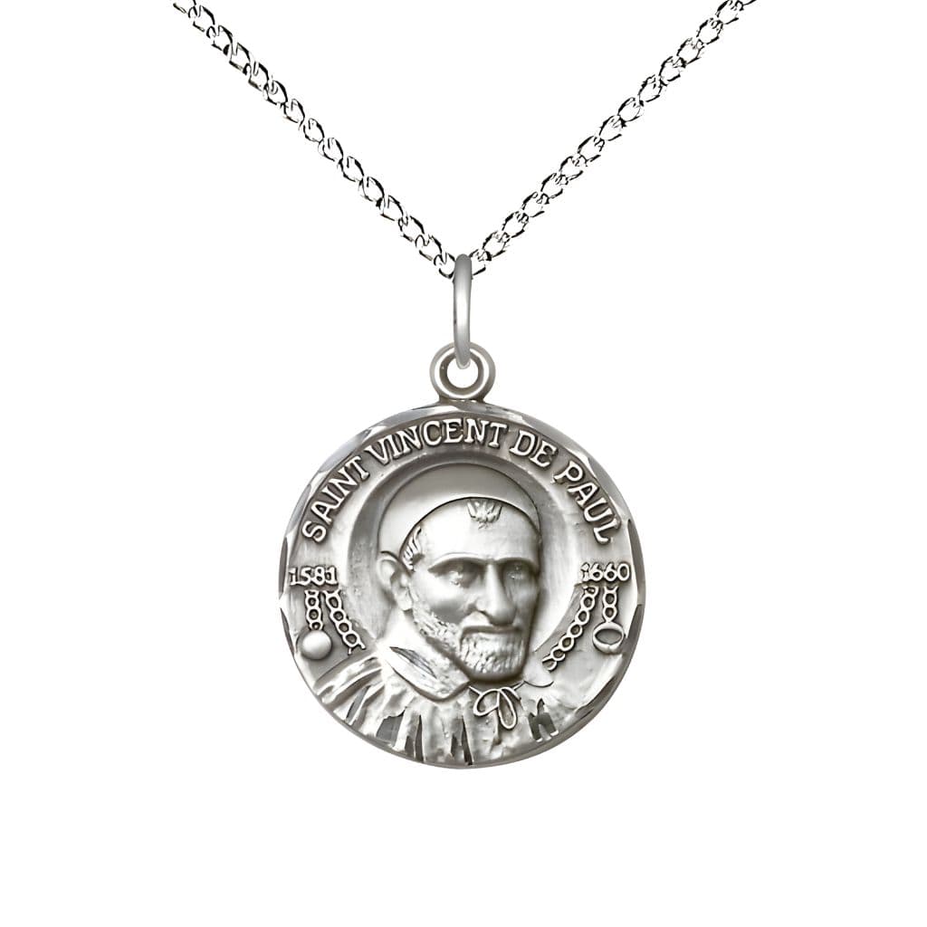 Bliss St. Vincent de Paul Sterling Silver Round Medal Pendant with Sterling Silver Chain, Measures 3/4-inch tall by 5/8-inch wide.
