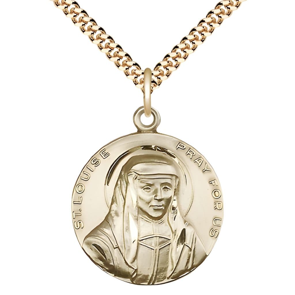 Bliss St. Louise de Marillac 14kt Gold-filled Round Medal Pendant with Gold-plated Chain, Measures 1-inch tall by 7/8-inch wide.