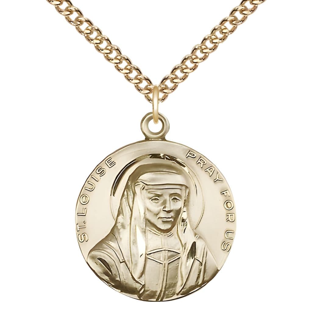 Bliss St. Louise de Marillac 14kt Gold-filled Round Medal Pendant with Gold-filled Chain, Measures 1-inch tall by 7/8-inch wide.