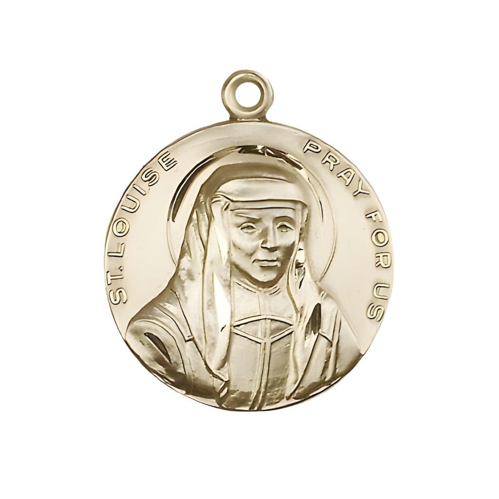 Bliss St. Louise de Marillac 14kt Gold Round Medal Pendant, Measures 1-inch tall by 7/8-inch wide.