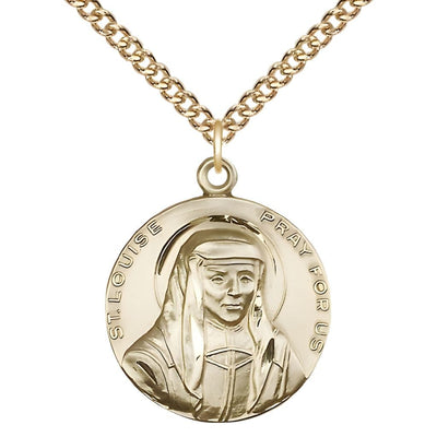 St. Louise de Marillac 14kt Gold Round Medal Pendant with 14kt Gold Chain, Measures 1-inch tall by 7/8-inch wide, Bliss Manufacturing
