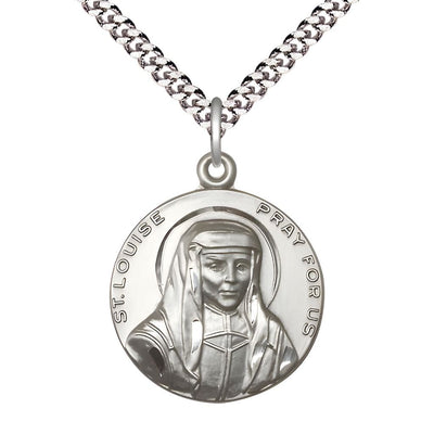St. Louise de Marillac Pewter Round Medal Pendant with Rhodium-plated Chain, Measures 1-inch tall by 7/8-inch wide, Bliss Manufacturing