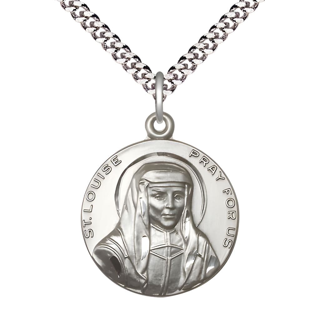 Bliss St. Louise de Marillac Sterling Silver Round Medal Pendant with Rhodium-plated Chain, Measures 1-inch tall by 7/8-inch wide.