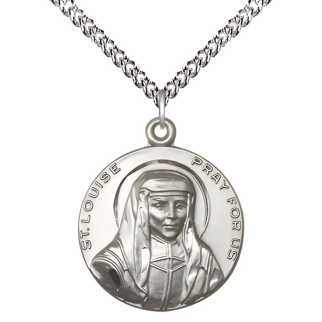 Bliss St. Louise de Marillac Sterling Silver Round Medal Pendant with Sterling Chain, Measures 1-inch tall by 7/8-inch wide.