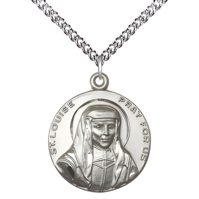 St. Louise de Marillac Sterling Silver Round Medal Pendant with Sterling Chain, Measures 1-inch tall by 7/8-inch wide, Bliss Manufacturing