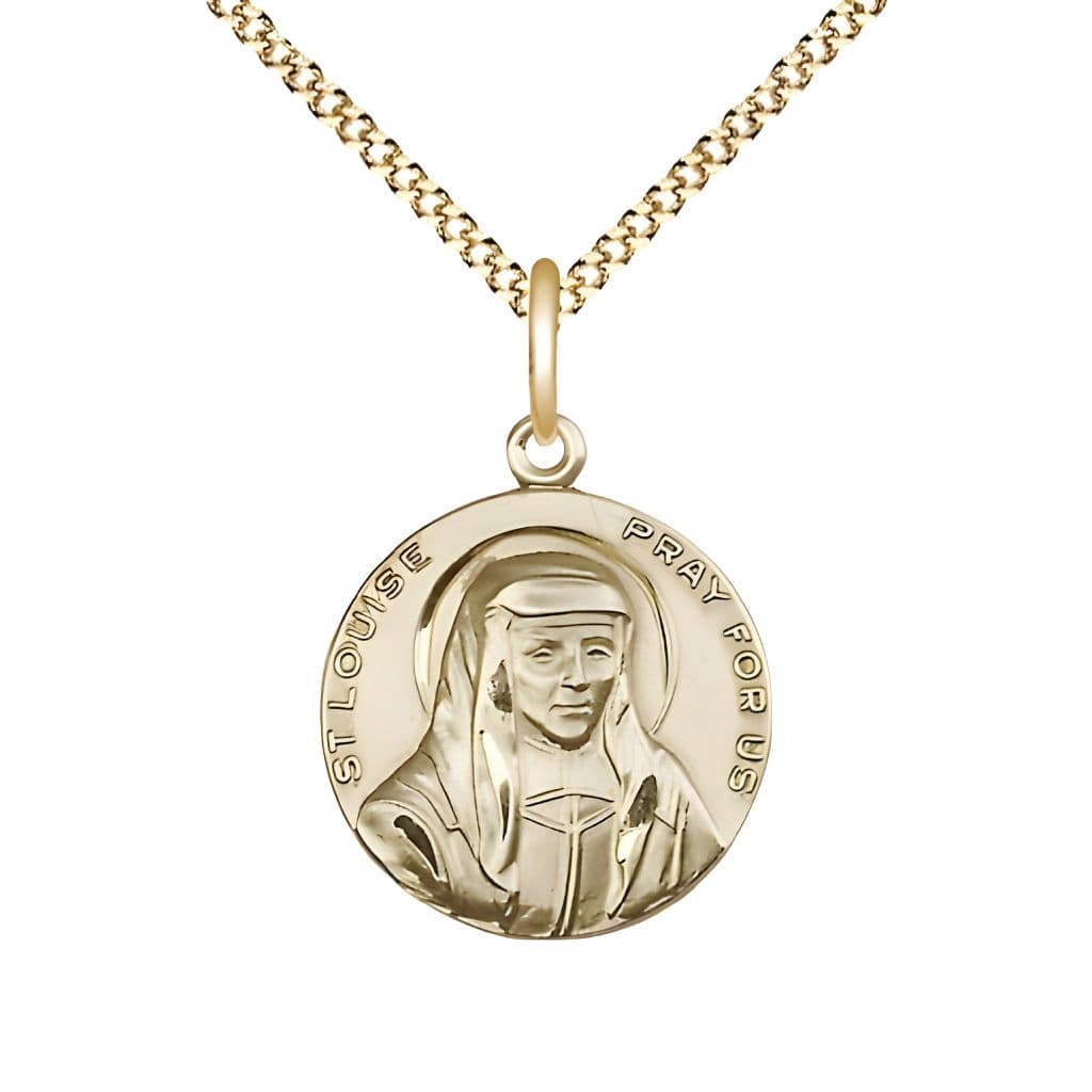 Bliss St. Louise de Marillac14kt Gold-filled Round Medal Pendant with Gold-plated Chain, Measures 3/4-inch tall by 5/8-inch wide.