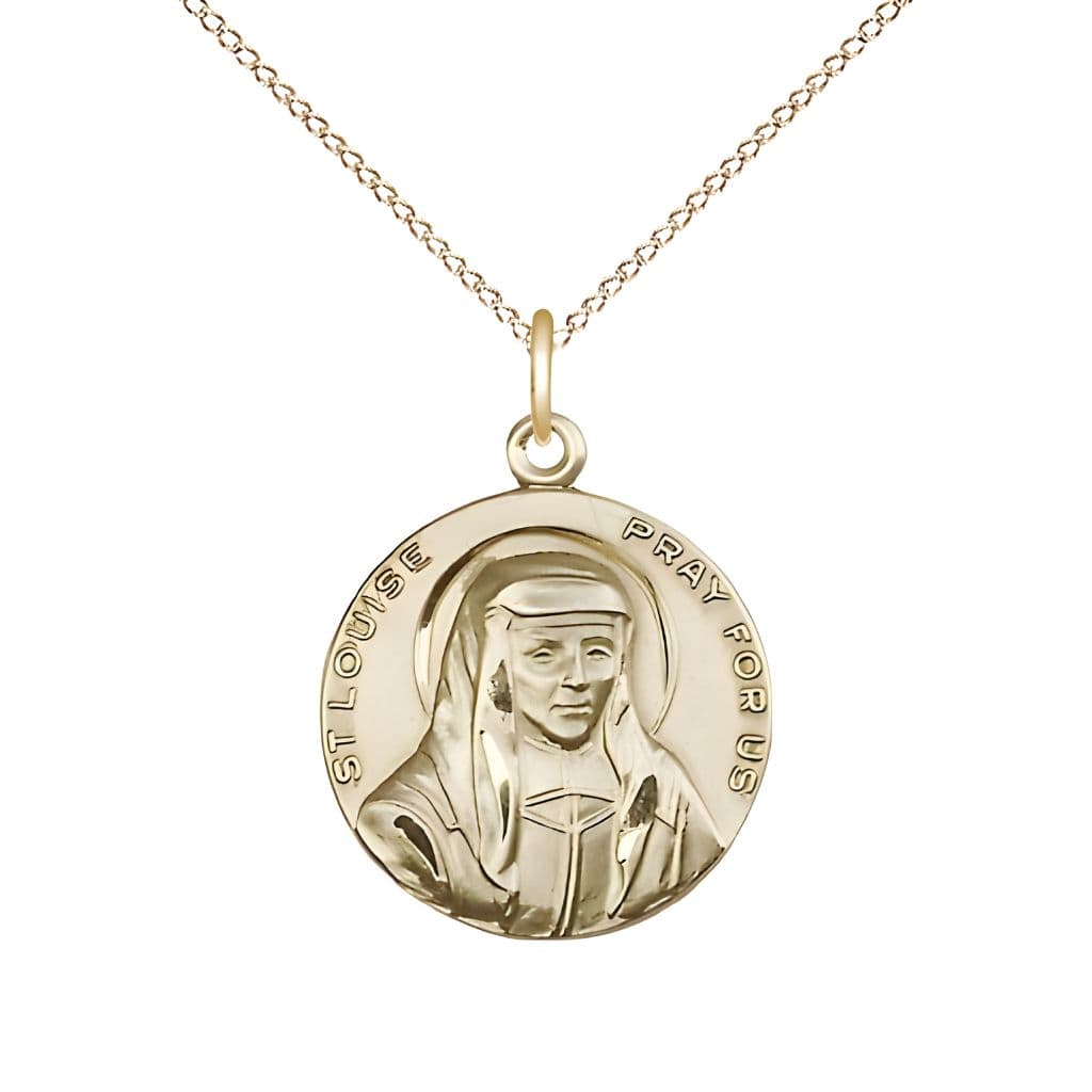 Bliss St. Louise de Marillac14kt Gold-filled Round Medal Pendant with Gold-filled Chain, Measures 3/4-inch tall by 5/8-inch wide.