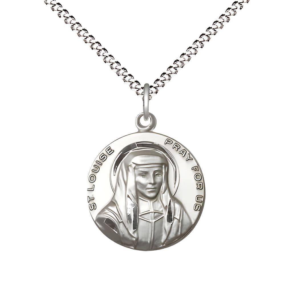Bliss St. Louise de Marillac Pewter Round Medal Pendant with Rhodium-plated Chain, Measures 3/4-inch tall by 5/8-inch wide.