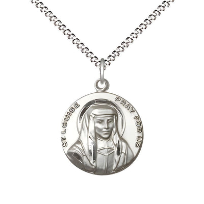 St. Louise de Marillac Sterling Silver Round Medal Pendant with Rhodium-plated Chain, Measures 3/4-inch tall by 5/8-inch wide, Bliss Manufacturing