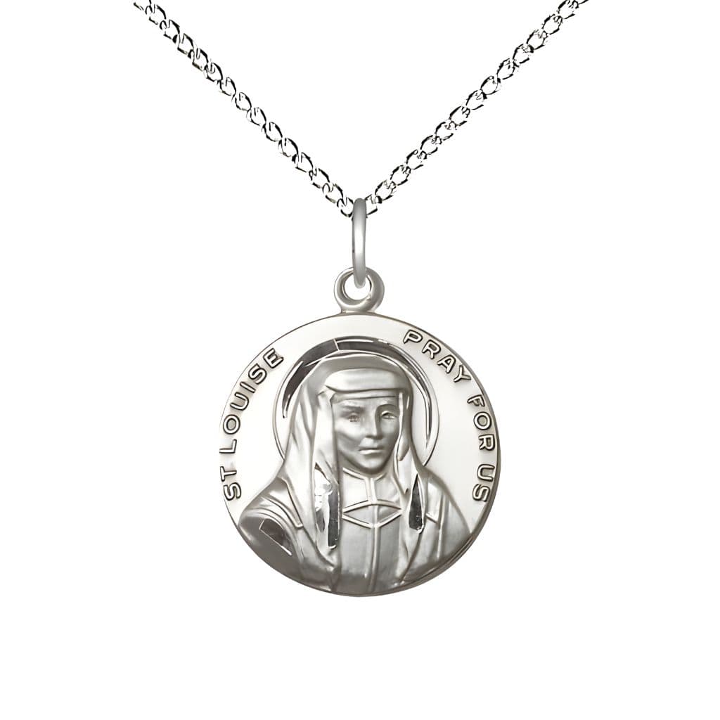 Bliss St. Louise de Marillac Sterling Silver Round Medal Pendant with Sterling Chain, Measures 3/4-inch tall by 5/8-inch wide.