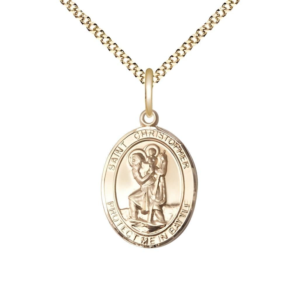 Bliss St. Christopher Battle Gold-filled Oval Engravable Medal with Gold-plated Chain, Measures 3/4-inch tall by 1/2-inch wide.