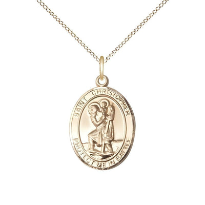 St. Christopher Battle 14kt Gold Oval Engravable Medal Pendant with 14kt Gold Chain, Measures 3/4-inch tall by 1/2-inch wide, Bliss Manufacturing