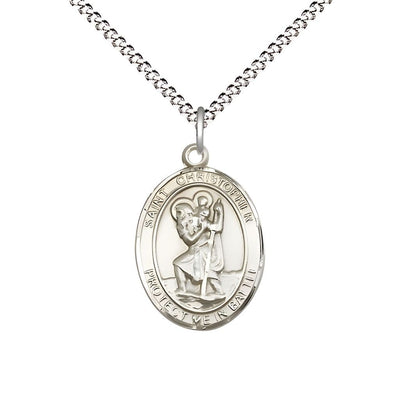 St. Christopher Battle Sterling Silver Oval Engravable Medal with Rhodium-plated Chain, Measures 3/4-inch tall by 1/2-inch wide, Bliss Manufacturing