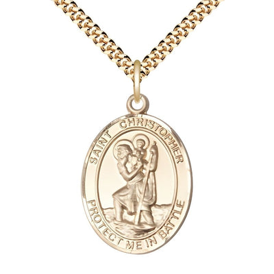 St. Christopher Battle Gold-filled Oval Engravable Medal with Gold-plated Chain, Measures 1-inch tall by 3/4-inch wide, Bliss Manufacturing