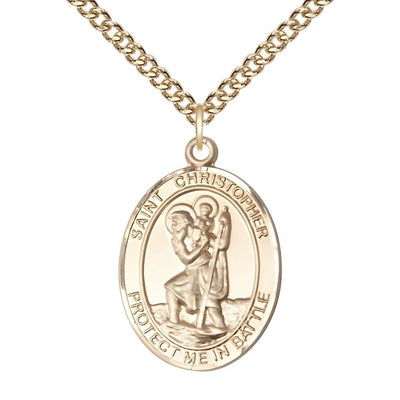St. Christopher Battle Gold-filled Oval Engravable Medal with Gold-filled Chain, Measures 1-inch tall by 3/4-inch wide, Bliss Manufacturing
