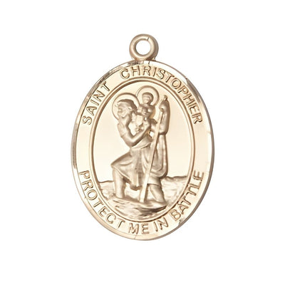 St. Christopher Battle 14kt Gold Oval Engravable Medal Pendant, Measures 1-inch tall by 3/4-inch wide, Bliss Manufacturing