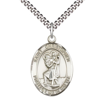 St. Christopher Battle Sterling Silver Oval Engravable Medal with Rhodium-plated Chain, Measures 1-inch tall by 3/4-inch wide, Bliss Manufacturing