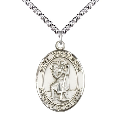 St. Christopher Battle Sterling Silver Oval Engravable Medal with Sterling Silver Chain, Measures 1-inch tall by 3/4-inch wide, Bliss Manufacturing