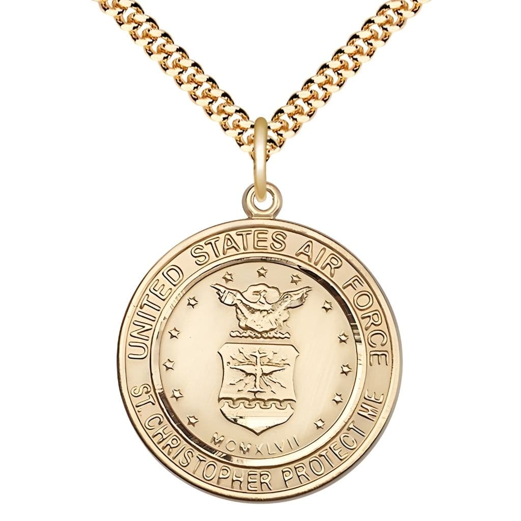 Bliss Air Force St. Christopher 14kt Gold-filled Round Military Medal with Gold-plated Chain, Measures 1-inch tall by 7/8-inch wide.