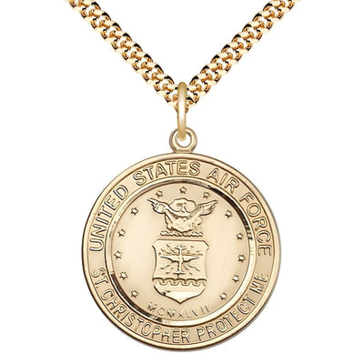 Air Force St. Christopher 14kt Gold-filled Round Military Medal with Gold-plated Chain, Measures 1-inch tall by 7/8-inch wide, Bliss Manufacturing