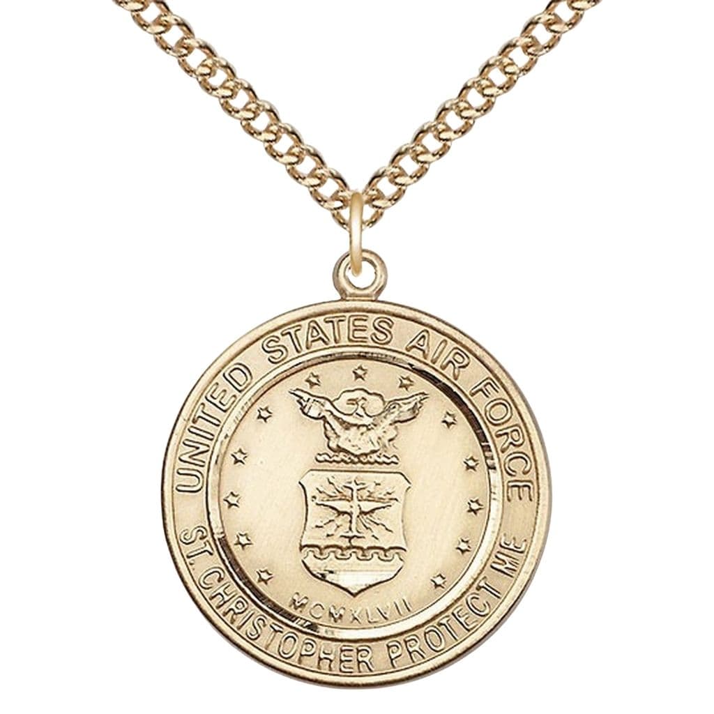 Bliss Air Force St. Christopher 14kt Gold-filled Round Military Medal with Gold-filled Chain, Measures 1-inch tall by 7/8-inch wide.