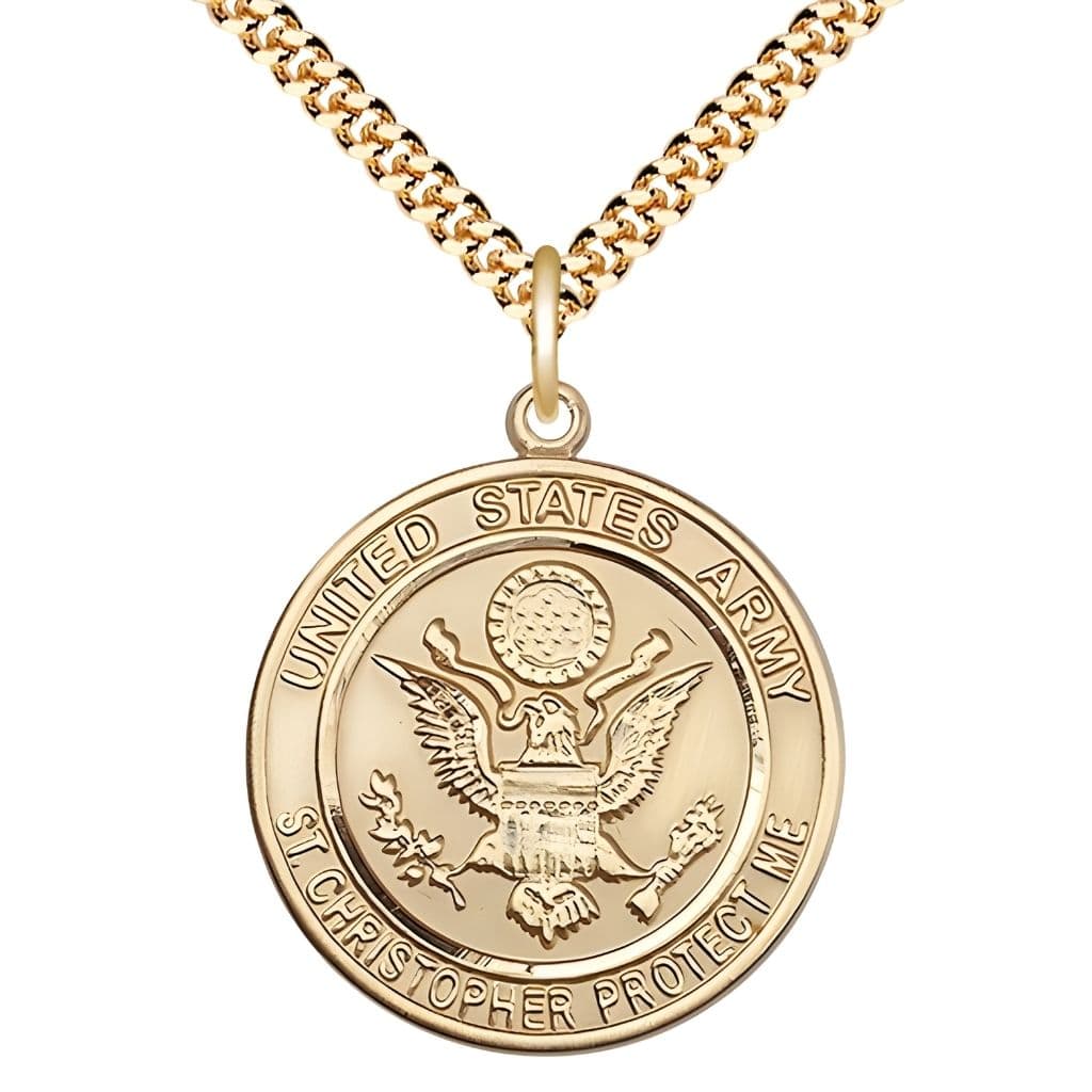 Bliss Army St. Christopher 14kt Gold-filled Round Military Medal with Gold-plated Chain, Measures 1-inch tall by 7/8-inch wide.