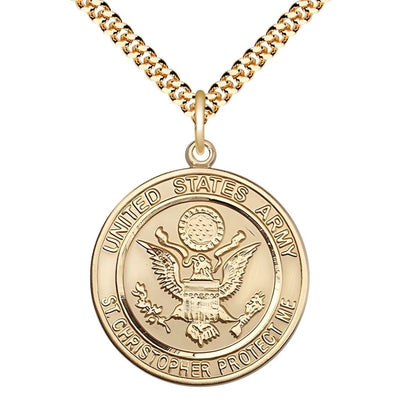 Army St. Christopher 14kt Gold-filled Round Military Medal with Gold-plated Chain, Measures 1-inch tall by 7/8-inch wide, Bliss Manufacturing